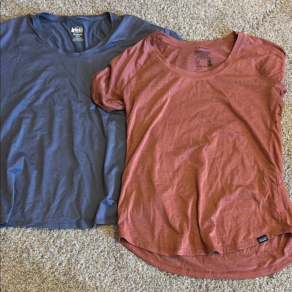 REI Blue Athletic and Patagonia Dri-Fit Rust T-Shirts